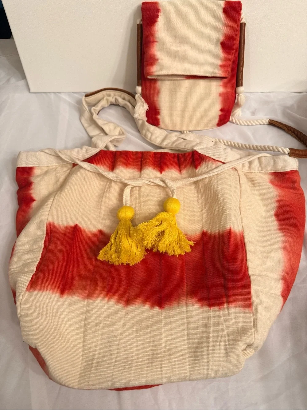 Tie-Dye Canvas Tote with Removable Pouch - Red & Cream
